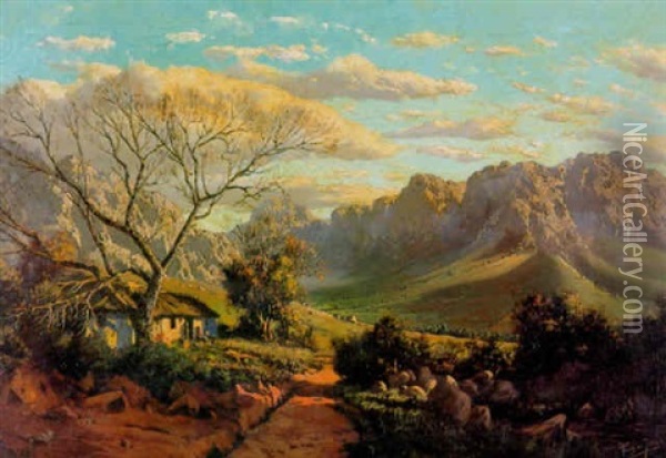 Mountainous Landscape With A House And Figure In The Sunlight Oil Painting - Tinus de Jongh