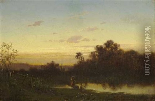 Dorflandschaft Im Abendlicht Oil Painting - Adolf Heinrich Lier