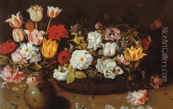 Still Life Of Flowers In Serpentine Vase Beside Chinese Lacquer Basket Of Flowers With A Cabbage, Butterfly And Petals On Wooden Table Oil Painting - Osias Beert the Younger