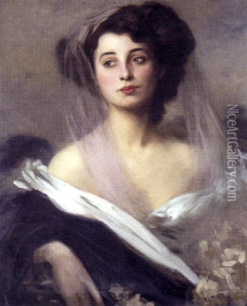Portrait Of A Lady In Evening Dress Oil Painting - Robert Sauber