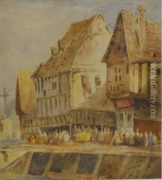 Figures On A Quay Oil Painting - William Callow