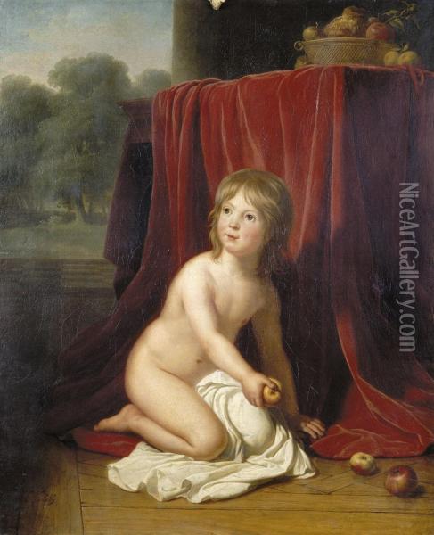 Young Girl Kneeling By A Table An Apple In Her Hand Oil Painting - Jeanne-Elisabeth Chaudet