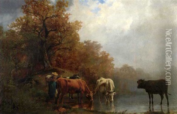 Vaches S'abreuvant A La Mare Oil Painting - Theodore Levigne