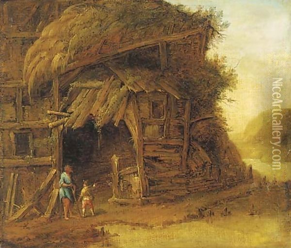 Peasants before a barn Oil Painting - Herman Van Swanevelt