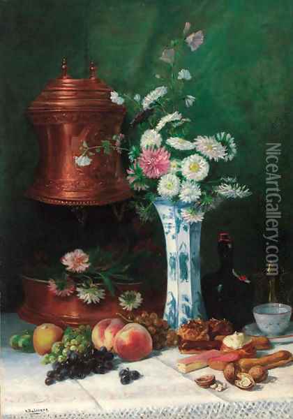 Summer flowers in a Chinese ceramic vase with fruit and pastries on a table Oil Painting - Louis-Michel Hadengue