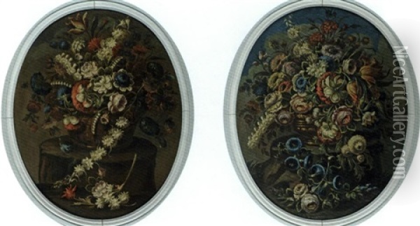 Bouquets De Fleurs Dans Un Vase En Bronze (+ Another; Pair) Oil Painting - Nicola Casissa