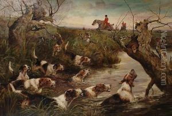 The Hunt, With Hounds Chasing A Fox In The Foreground Oil Painting - Arthur Alfred Davis