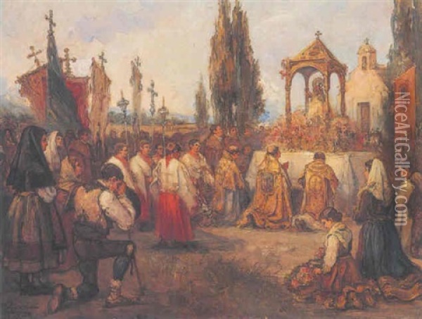 Procesion En Castilla, Fiesta De La Virgen De La Ermita Oil Painting - Emilio Poy Dalmau