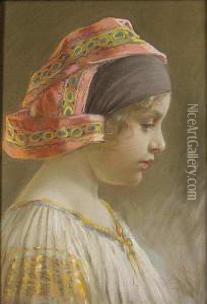A Portrait Of A Girl In Profile Oil Painting - Kamil Vlasdislav Muttich