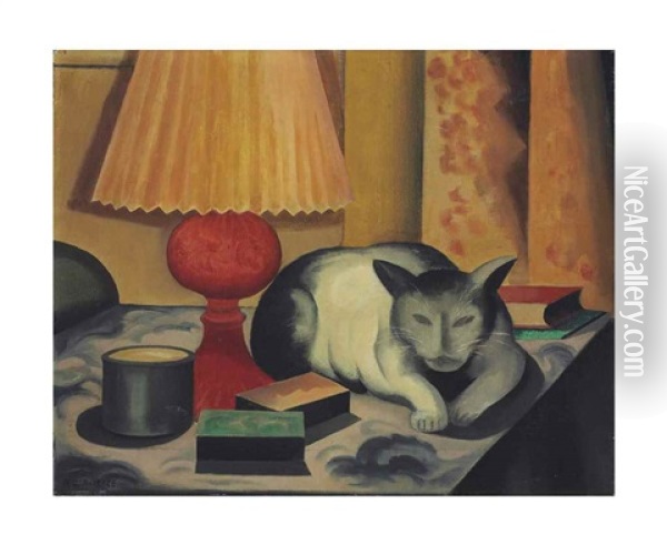 Cat And Lamp Oil Painting - George Copeland Ault