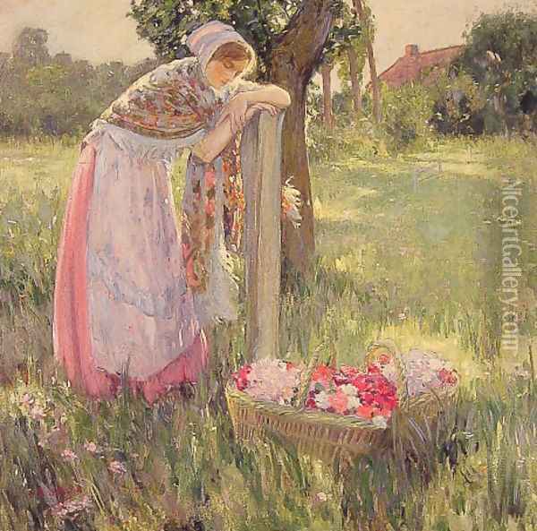 Resting by a Basket of Flowers Oil Painting - Myron G. Barlow