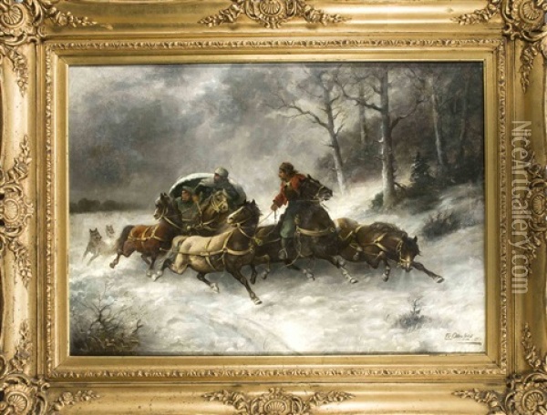 Russische Pferdegespanne Werden Von Wolfen Angegriffen Oil Painting - Eugen Von Ottenfeld