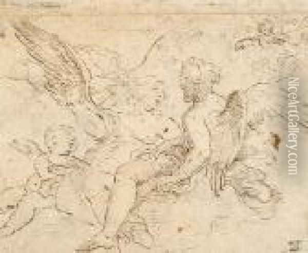Recto: Study Of Angels And Putti
 On Clouds Verso:saint Attended By Putti Adoring The Name Of Jesus Oil Painting - Paolo di Matteis