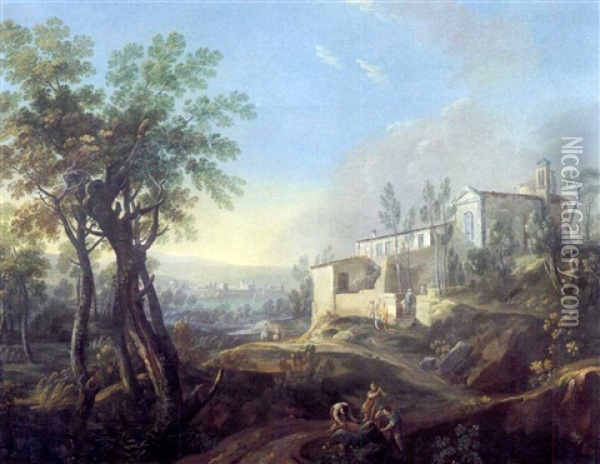 Paesaggio Con Chiesa (+ Paesaggio Con Borgo E Corso D'aqua; 2 Works) Oil Painting - Bernardino Minozzi