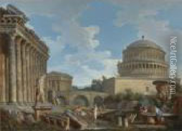 A Capriccio Of Hadrian's Mausoleum Oil Painting - Giovanni Niccolo Servandoni