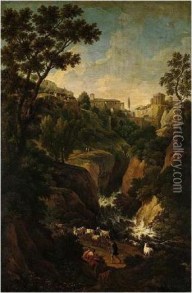A Capriccio Of Tivoli, With Peasants And Animals By The Falls Oil Painting - Jan Frans Van Bloemen (Orizzonte)