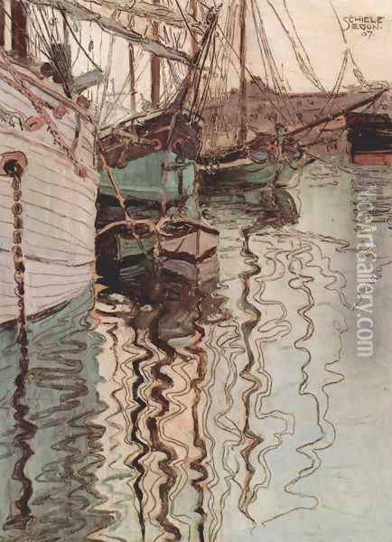 Sailing ships in the waves-exciting water (the harbour of Trieste) Oil Painting - Egon Schiele