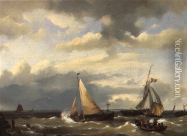 Shipping On An Estuary Oil Painting - Johannes Hermanus Koekkoek