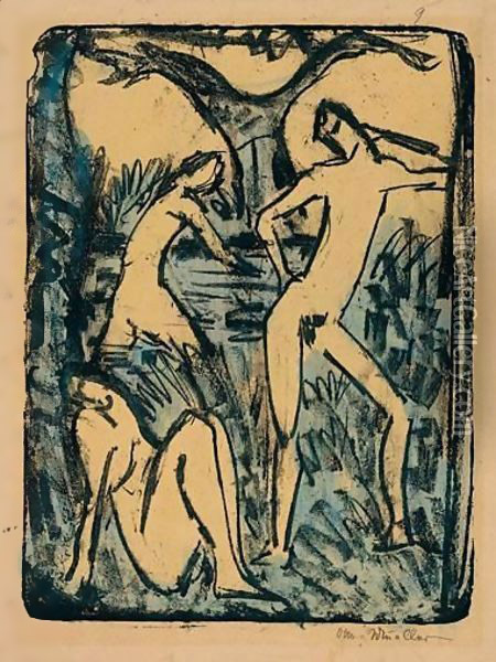 Zwei Madchen Und Stehender JAngling (Two Girls And A Standing Boy) Oil Painting - Otto Mueller