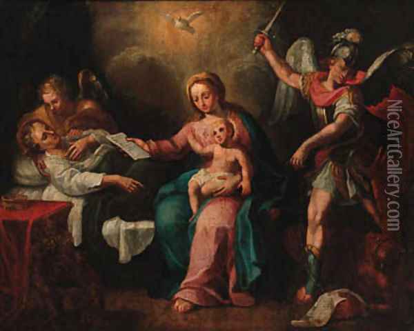 The Death of the Virgin, education of the Infant Christ and Saint Michael vanquishing evil Oil Painting - Guido Reni