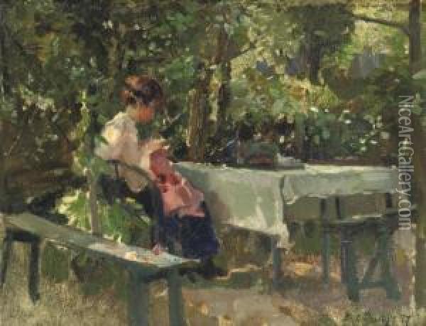 In Den Tuin: In A Shady Corner Of The Garden Oil Painting - Albert Roelofs