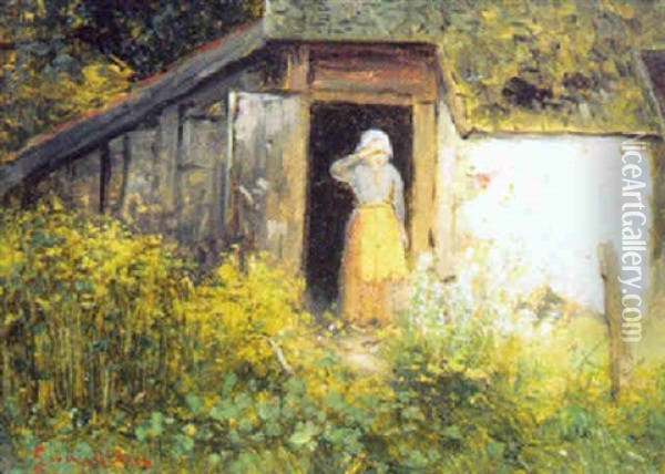 Kvinna Vid Backstuga, I Forgrunden Blommande Blomsterang Oil Painting - Johan Severin Nilsson
