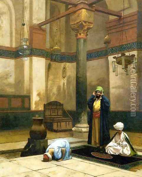 Three Worshippers Praying in a Corner of a Mosque Oil Painting - Jean-Leon Gerome