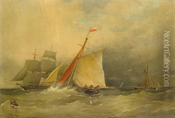 A Racing Cutter Preparing To Change Course In A Sudden Swell Oil Painting - George Chambers