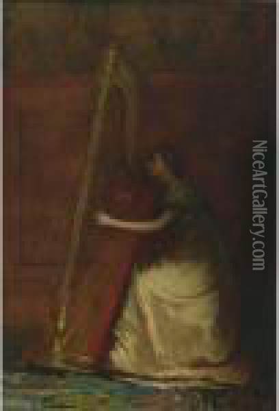 Woman Playing Harp Oil Painting - Eastman Johnson