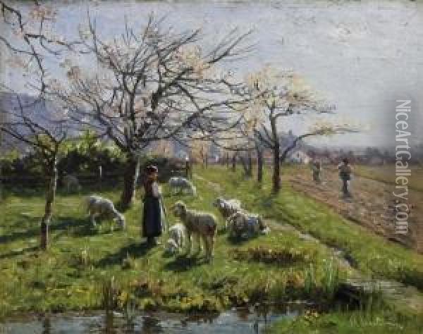 Spring In The Fields. Signed Bottom Right: H. Hartwich Oil Painting - Hermann Hartwich