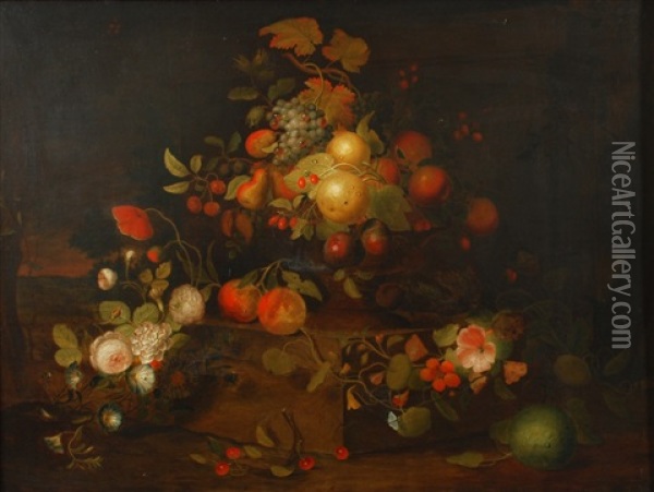 Coupe De Fruits Et Fleurs Sur Une Tablette Oil Painting - Martin Van Dorne