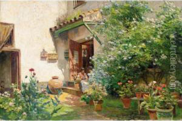En El Patio (in The Courtyard) Oil Painting - Manuel Garcia y Rodriguez