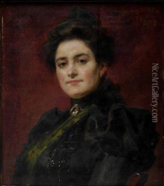 Retrato De Dama Con Vestido Negro. Oil Painting - Francisco Masriera y Manovens