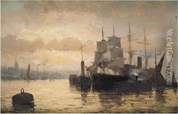 Shipping In Harbour Oil Painting - William A. Thornley Or Thornber