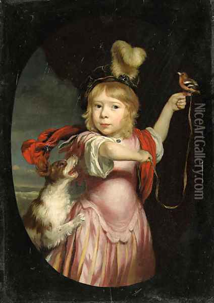 Portrait of a boy as Cupid, three-quarter-length, in classical costume, wearing a feathered hat, holding a bullfinch, a spaniel beside him Oil Painting - Nicolaes Maes