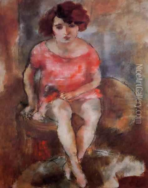 Woman in Red Oil Painting - Jules Pascin