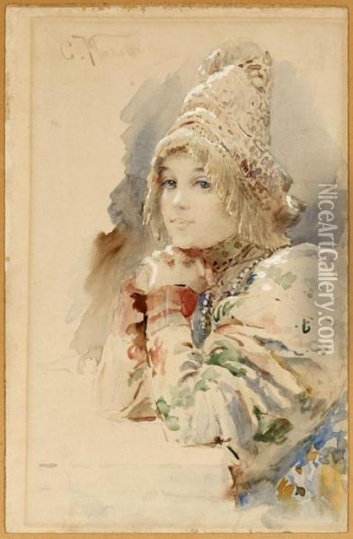 Portrait Of Awoman In Traditional Russian Folk Dress Oil Painting - Konstantin Egorovich Egorovich Makovsky