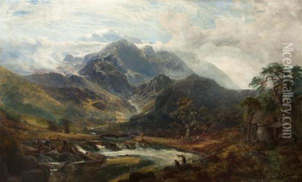 An Otter Hunt On A Mountain Stream Oil Painting - Charles Pettitt