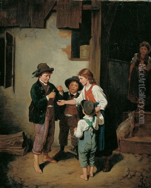 Kinder Einen Vogel Futternd Oil Painting - Friedrich Wilhelm Schon