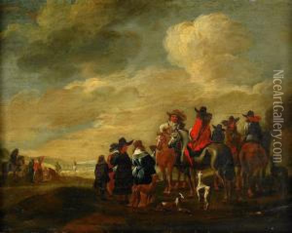 Hastar Och Figurer Pa Strand Oil Painting - Cornelis Beelt