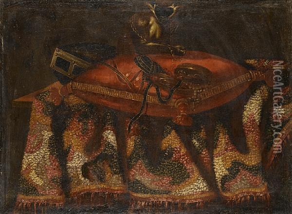 A Chained Monkey On A Cushion On A Drapedtable-top Oil Painting - Antonio Gianlisi The Younger