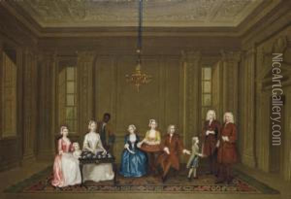 Group Portrait Of A Family, Possibly Members Of The Vernon Family, With A Servant, In An Elegant Interior Oil Painting - Charles Philips