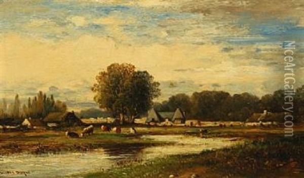 Landscape With Farm Houses And Cattle Oil Painting - Leon Victor Dupre