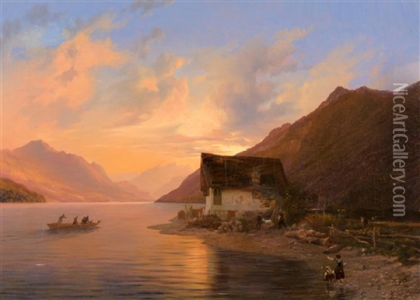 Fischerhaus Am See Bei Sonnenuntergang, 1845 Oil Painting - Johann Jakob Ulrich