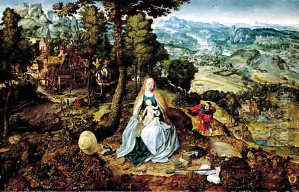 An extensive landscape with The Rest on the Flight to Egypt Oil Painting - School Of Antwerp