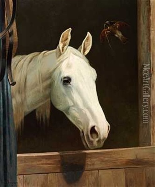 En Hvid Hest Og En Spurv I Stalddoren Oil Painting - Simon Simonsen