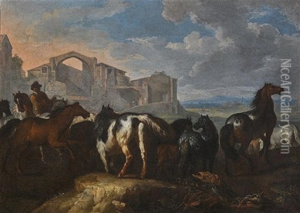 Bauer Mit Pferden In Romischer Ruinenlandschaft Oil Painting - Pieter van Bloemen