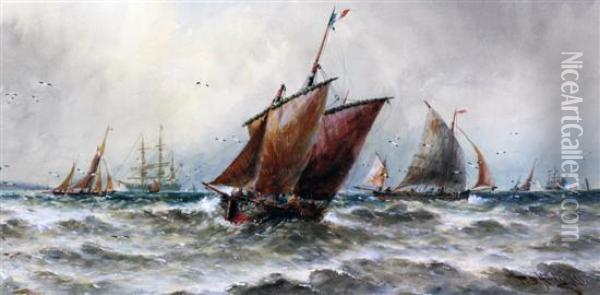 Fishing Boats And Other Shipping At Sea Oil Painting - Thomas Bush Hardy