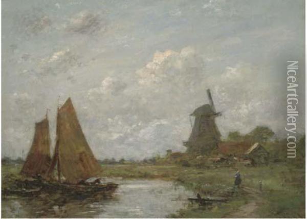 Setting Sail Beside A Windmill Oil Painting - Jacob Henricus Maris