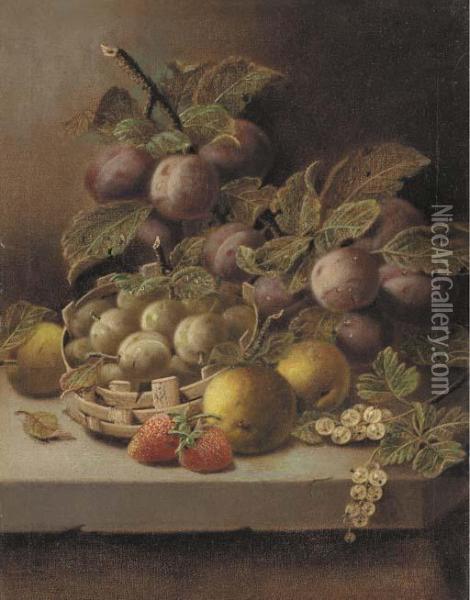 Plums, Apples, Strawberries, And
 Whitecurrants With Greengages In Awicker Basket On A Stone Ledge Oil Painting - Oliver Clare